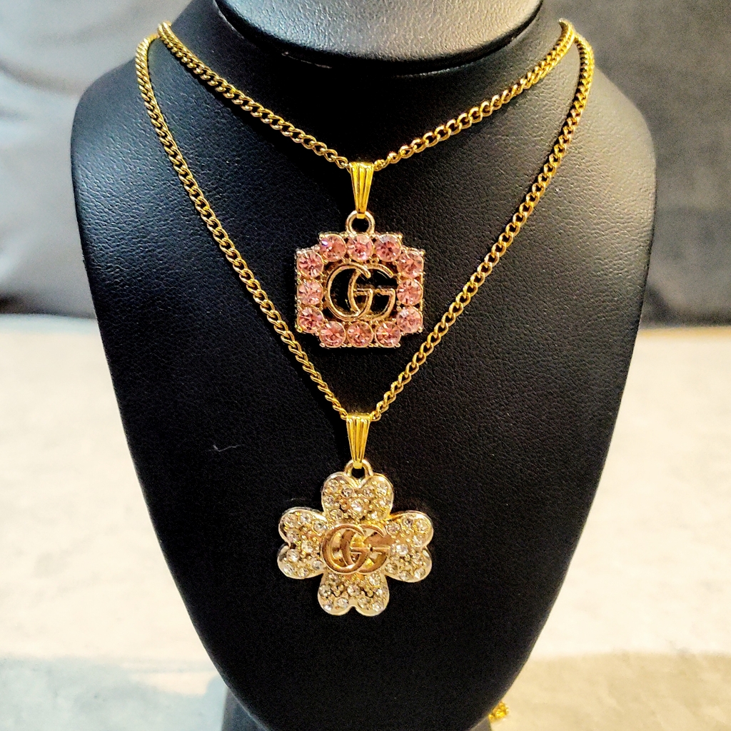 Bundle 2 Gucci 18k Gold-Plated Gg Pendants On 18k Gold Plated Curb Necklaces